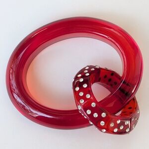 Funky Mid Century Vintage Red Lucite Bangle Bracelet with Rhinestone Accents